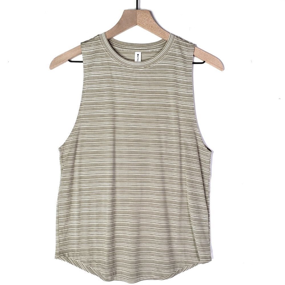 Athleta Cloudlight Striped Muscle Tank XS Olive Ivory - Picture 3 of 7